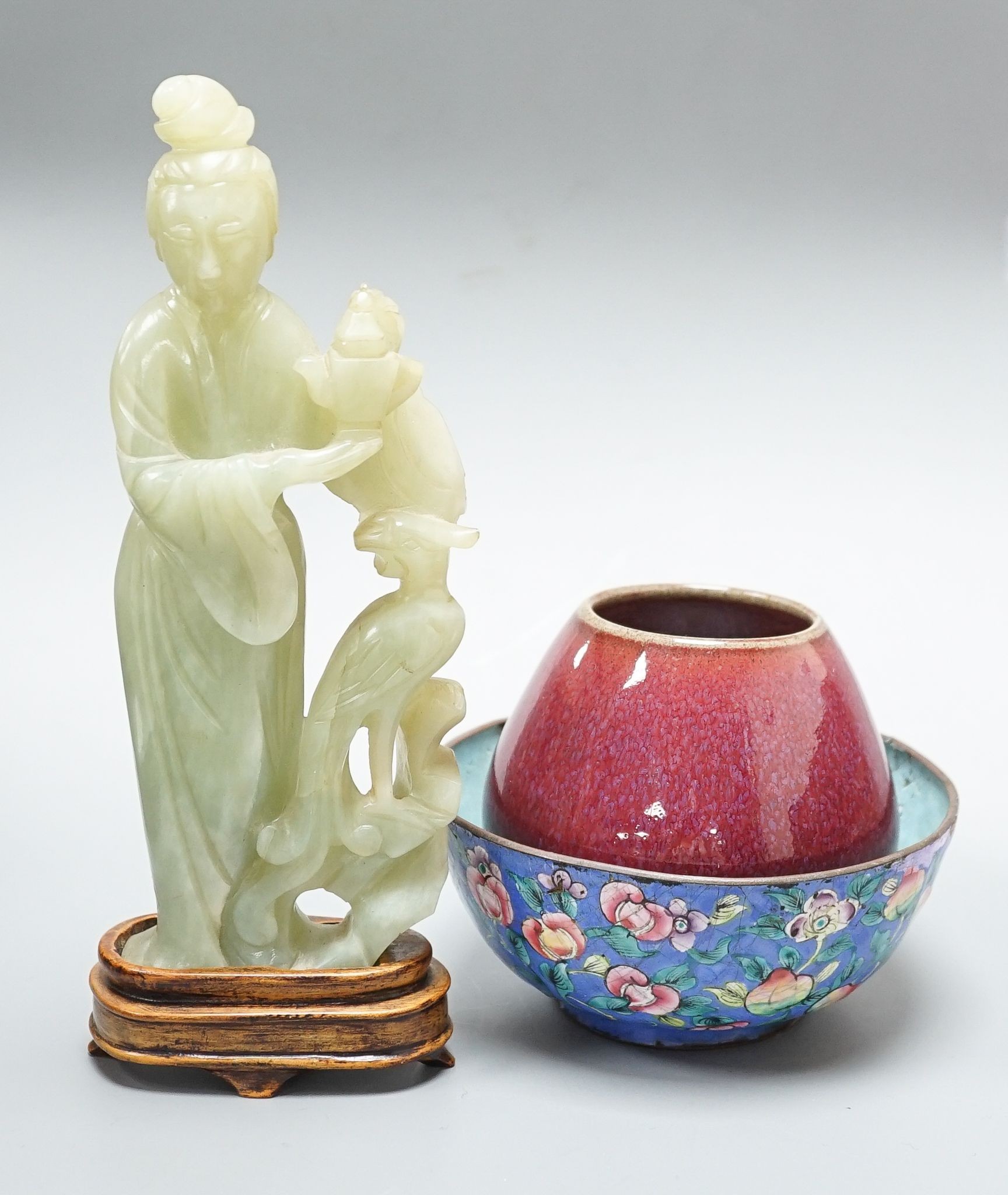 A Chinese bowenite jade figure of a lady, a Canton enamel bowl and a Jun type bud vase, tallest 20 cm high